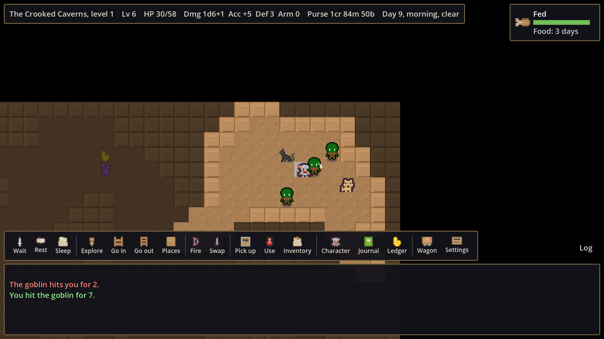 A fight with goblins in a cave, the player's cat close by